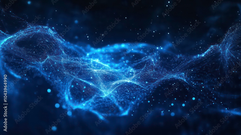 Aufkleber abstract blue glowing particles and lines forming a wavy pattern against a dark background.
