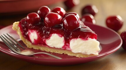 A slice of cherry pie with fresh cherries on top, served on a plate with a fork beside it.