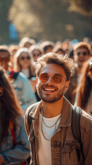 Obraz premium Joyful man in sunglasses smiling at an outdoor festival.