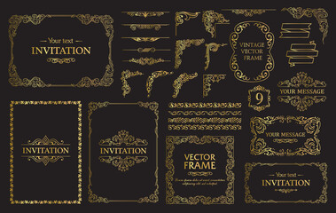 Design gold elements set, decorative flourish border corner and frame collection for invitation, menu and page decoration