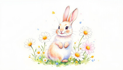 Fototapeta premium Charming bunny sitting happily among daisies and colorful flowers in a bright meadow