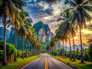 Long Exposure of Straight Road with Palm Trees and Rocky Mountains in Krabi, Thailand Leading to the Sea