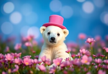 Fototapeta premium Polar bear in pink top hat sitting in pink flower field; widescreen 16:9 background / wallpaper