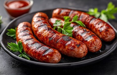 Fototapeta premium Grilled sausages served on a black plate with fresh herbs and dipping sauce
