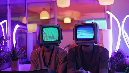 Two individuals with retro monitor heads smiling in a cozy, colorful setting.