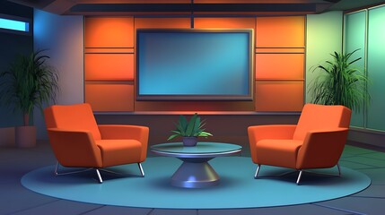 Modern Studio Living Room with Orange Chairs and a Blue Screen.