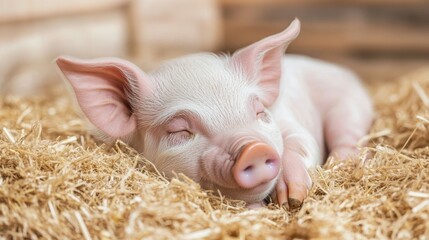 A cute sleeping piglet nestled in straw a serene moment in animal life