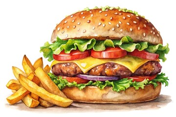 Close-up watercolor painting of burger with fries on white background