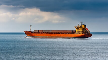 Fototapeta premium Modern cargo ship, fully laden, sailing through calm seas