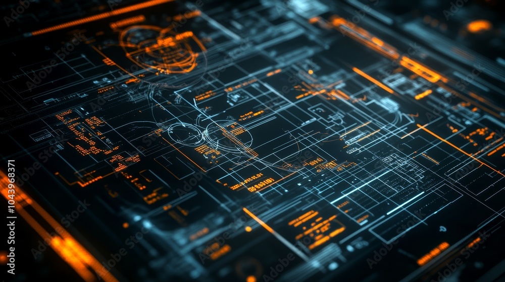 Poster futuristic blueprint design exploring the intersection of technology and architecture through digita