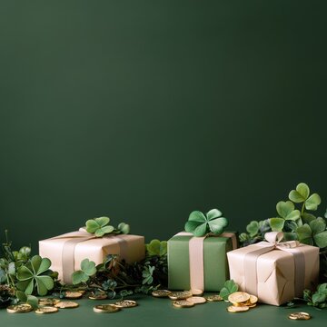 Decorative gift boxes with shamrocks and gold coins for a festive celebration in a cozy setting