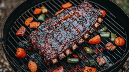 Juicy Barbecue Ribs on a Grill with Vegetables