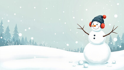 Cheerful snowman wearing a knit hat and earmuffs in a snowy winter landscape