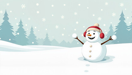 Fototapeta premium Cartoon snowman in earmuffs joyfully standing in snowy landscape with falling snowflakes