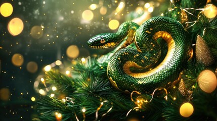 Fototapeta premium Green snake resting on an illuminated christmas tree branch, symbol of 2025 according to the Chinese calendar lunar new year