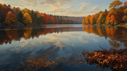 Fototapeta premium A serene lake reflecting the vibrant colors of autumn foliage and the sky.