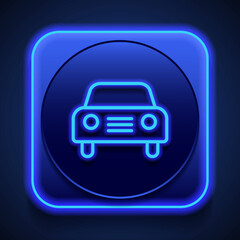 Car simple icon vector. Flat design. Blue neon style on button. With shadow