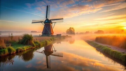Close-Up Windmill in Dutch Countryside during Foggy Autumn Sunrise