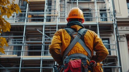 Fototapeta premium A construction worker observing renovation at a historic building with scaffolding in place