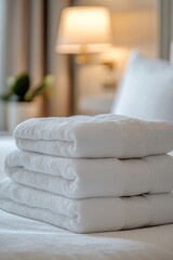 Neatly stacked white towels on a neatly made bed in a cozy hotel room during the day
