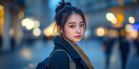 A captivating portrait of a young woman in an urban setting. The vibrant background blurs beautifully, enhancing her thoughtful expression. This image embodies a modern and stylish aesthetic. AI