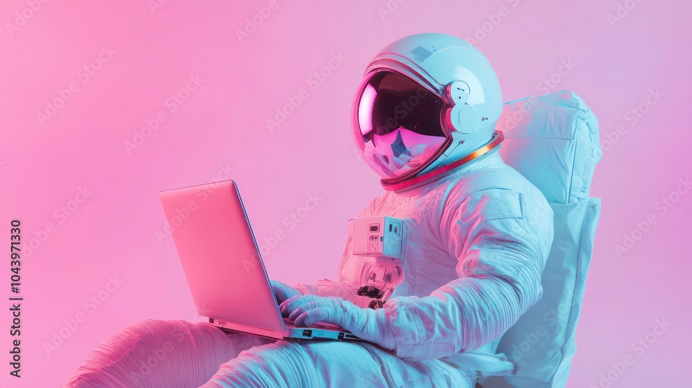 Poster an astronaut in a white spacesuit sits in a chair and works on a laptop in front of a pink and blue 