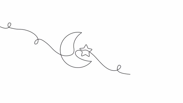 Video. Line drawing of moon with star. Muslim symbol in style of continuous editable linear drawing. Animation on white background 4K