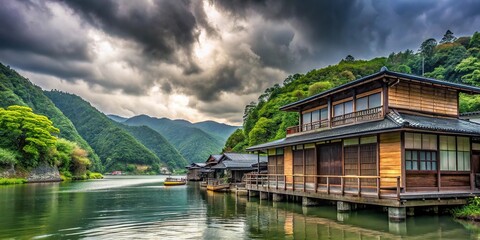 Fototapeta premium Close-Up Yakatabune boarding place on the Shimanto River under cloudy skies