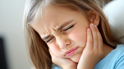 Obraz premium Close-up of a Little Girl Holding Her Cheeks in Pain, Suffering from Toothache with a Pained Expression