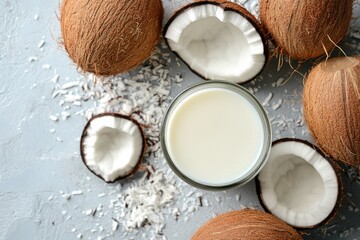 Creamy coconut milk in a glass beside fresh coconut halves on a rustic wooden table - Powered by Adobe