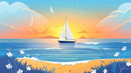 Naklejka premium Summer Seascape with Sailboat at Sunset - Idyllic Coastal Vector Illustration