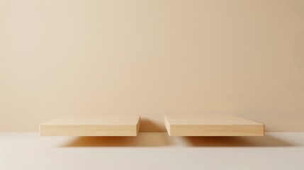 Wooden shelves on beige wall banner background copy space. Minimalist podiums for product showing image backdrop empty. Commercial promo concept composition front view, copyspace