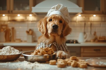 A dog in a chef's hat looks at the camera while surrounded by treats. AI.
