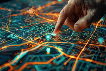 Naklejka premium Navigating Digital Strategies: Hand Tracing Glowing Routes on Touchscreen Map
