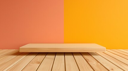 Wooden board display near orange wall banner background copy space. Commercial podium of timber image backdrop empty. Business promotion concept composition front view, copyspace