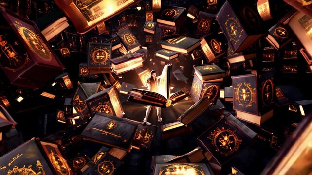 Akashic records glowing in a celestial realm with a a big library