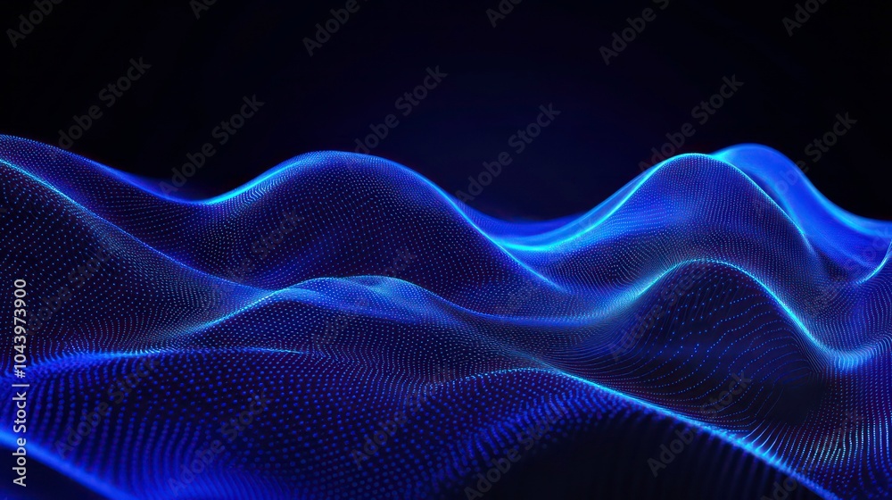 Poster Abstract blue digital wave background with glowing particles.