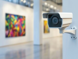 A security camera monitors an art gallery, showcasing colorful abstract paintings in a modern, well-lit space.