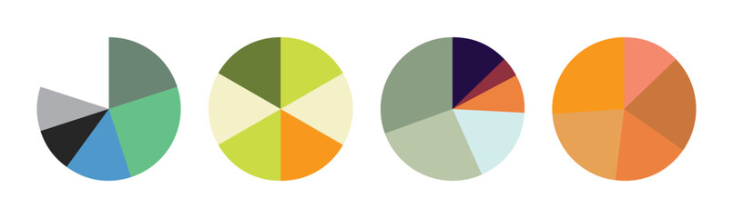 Fototapeta premium Pie chart set, Circle icons for infographic. Colorful diagram collection with ,3,4,5,6,7,8 sections and steps. Pie chart for data analysis, business presentation, UI, web design. Vector illustration.