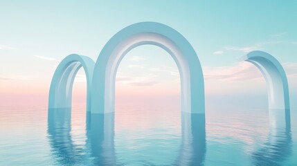 Three white arches rise out of a calm blue sea against a pastel sky.