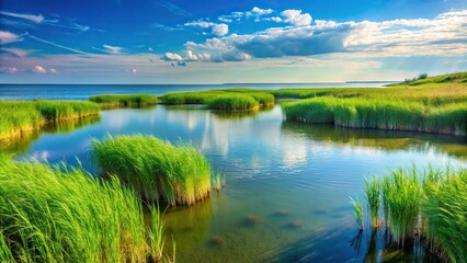 Coastal landscape with green grasses and reeds reflected in the shallows