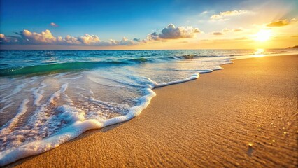 Coastal scene with gentle waves on light sand macro