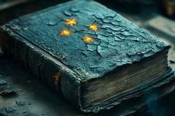 An ancient, weathered book with a cracked cover and glowing symbols lies on a dusty surface, evoking a sense of mystery and forgotten knowledge.