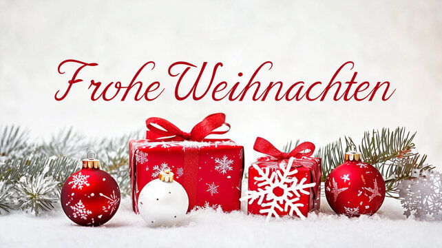 A red Christmas decoration, red christmas presents and christmas baubles with snowflakes and presents on a white background, the text "Frohe Weihnachten" Merry Christmas in German. calligraphy.