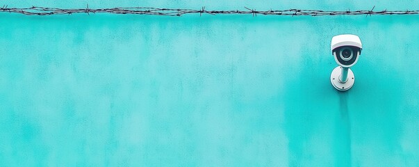 A modern security camera mounted on a vibrant teal wall, highlighting the contrast between technology and color.