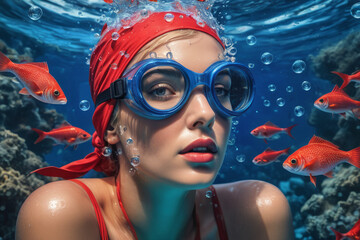 Woman wearing goggles underwater surrounded with fishes