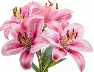 Fototapeta premium Beautiful pink lilies arranged elegantly with vibrant petals and green leaves in soft lighting