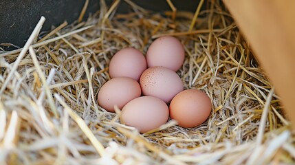 Eggs nestled in a nest of fresh straw, perfectly clean and smooth, waiting to be collected