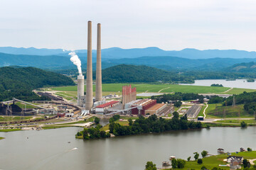 Thermal power station producing electricity by burning coal fossil fuel. Kingston power plant in...