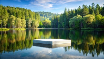 Obraz premium Scenic floating podium on lake with trees reflecting in water